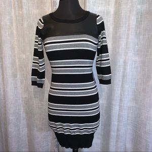 Pink Rose Faux leather chest, stripped sweater dress; SMALL